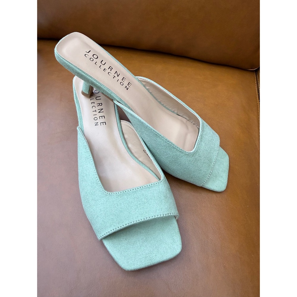 Journee Collection Kitten Heel Mules Womens 7 Mint Green New Square Toe Sandals